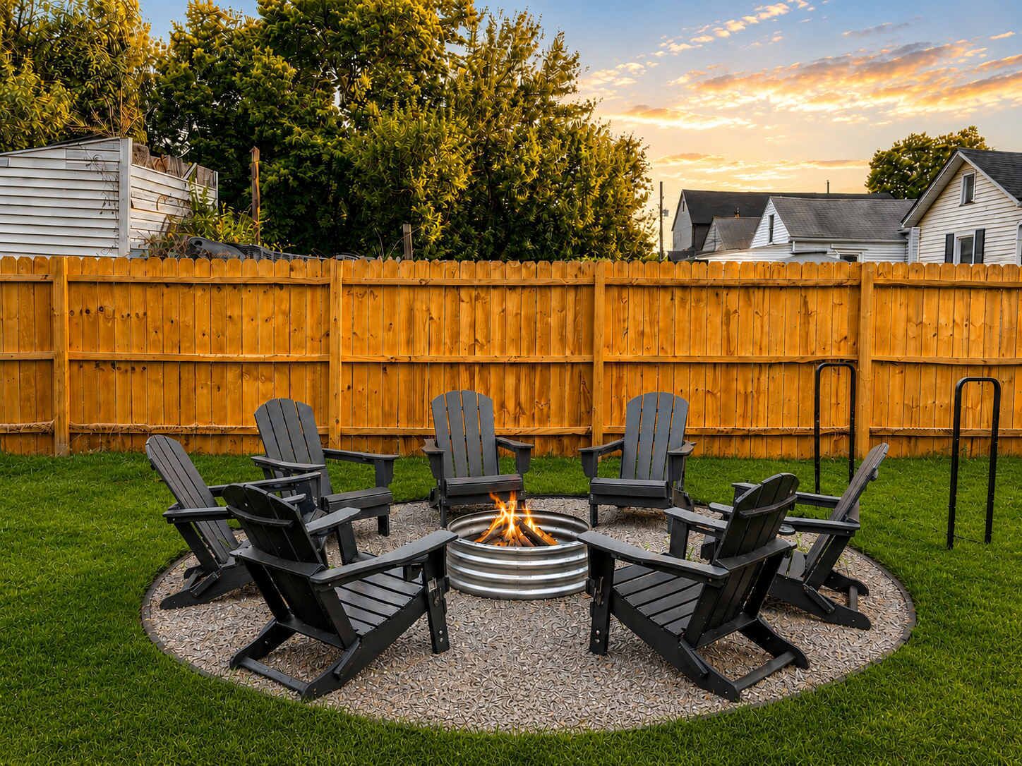 A backyard with a fire pit surrounded by six Adirondack chairs.