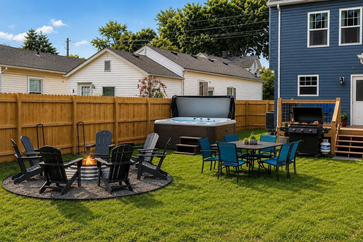 A backyard with a hot tub, grill, and outdoor seating area.