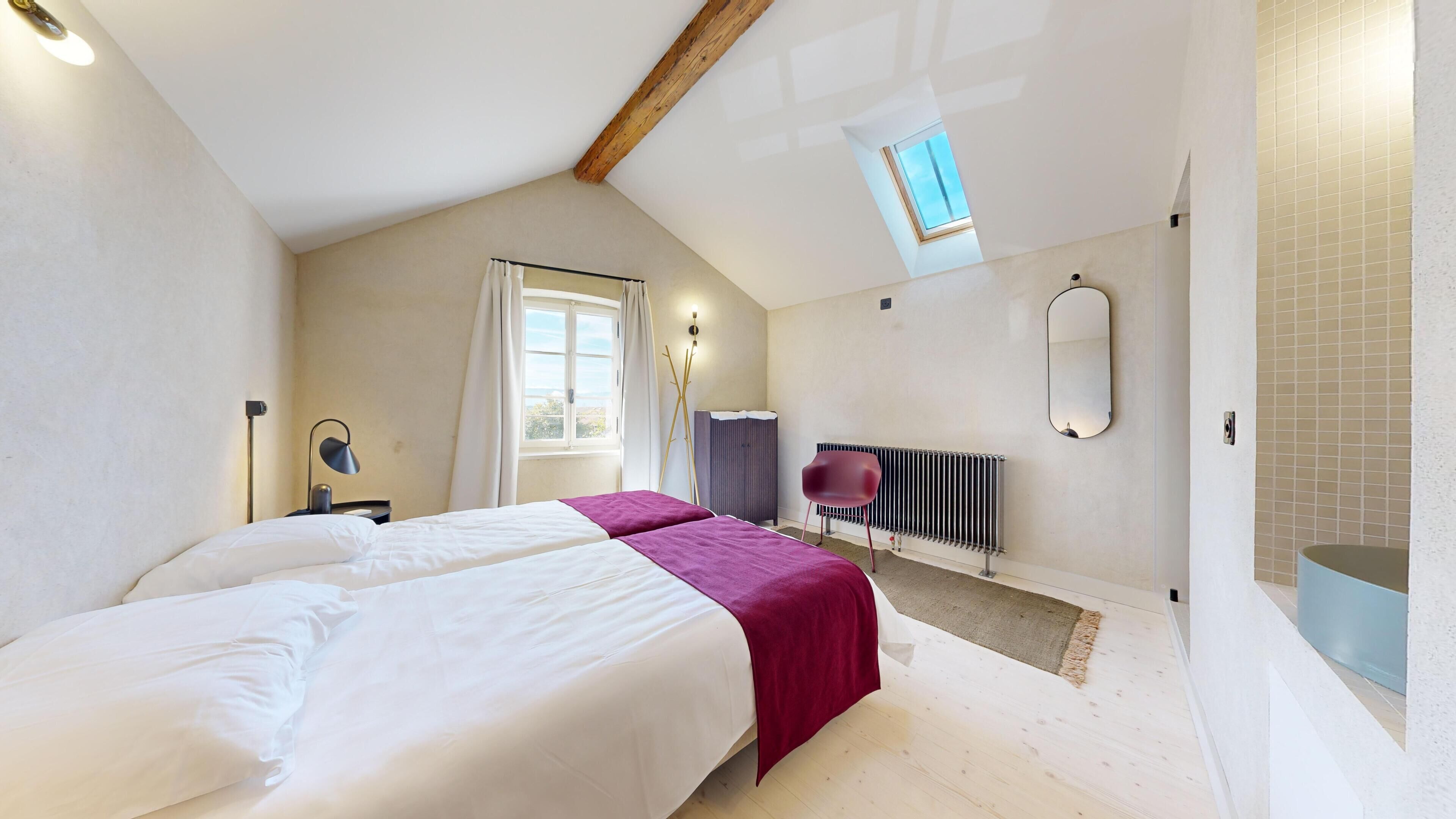 A bedroom with two beds, a skylight, a radiator, and a mirror.