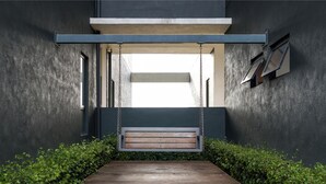 Un interior moderno con una hamaca de madera, un muro de concreto y una ventana pequeña.