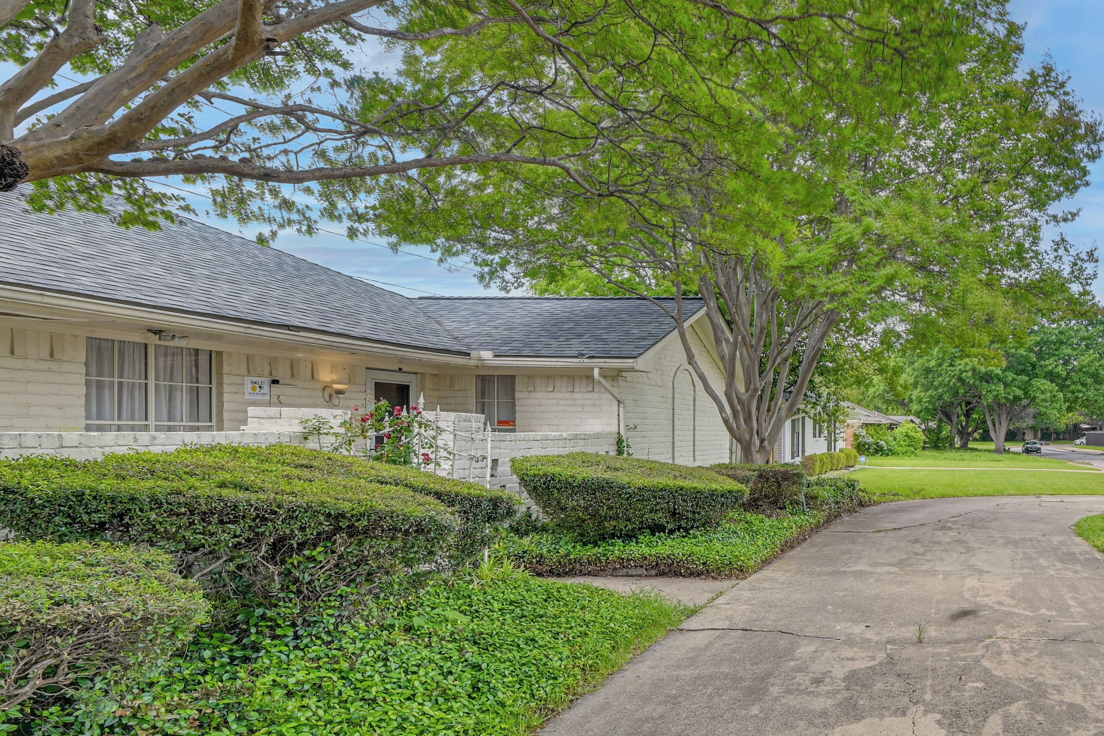 A residential house with a driveway, front yard, and a large tree.
