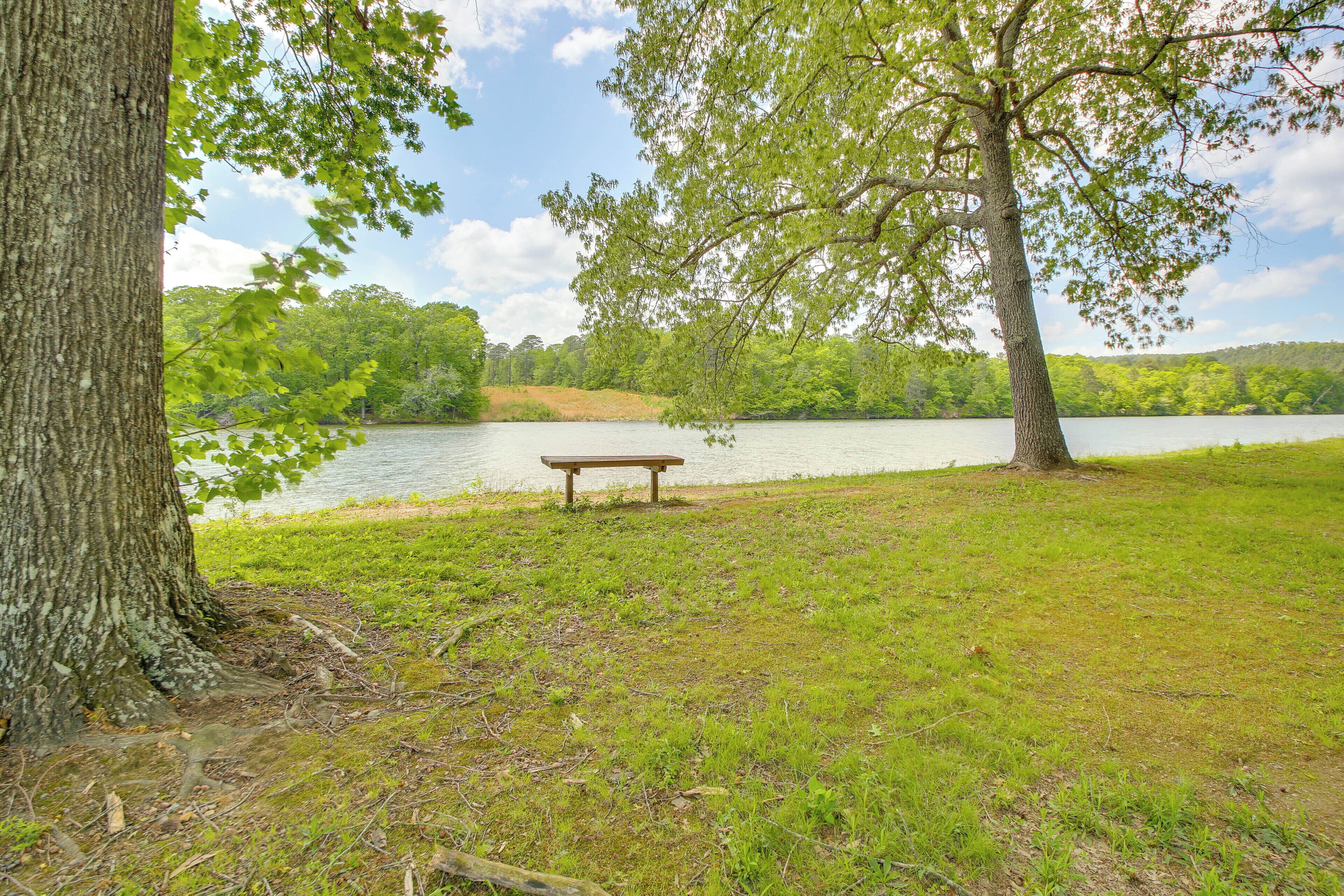 Un espace herbeux avec un banc près d’un lac, entouré d’arbres.