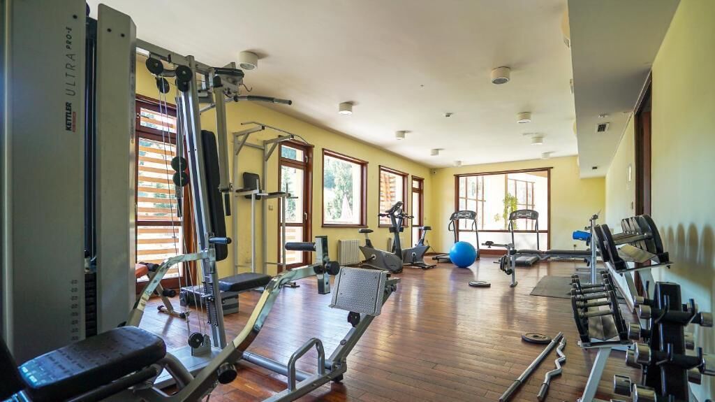 Un gimnasio con diversas máquinas de ejercicio, amplias ventanas y suelo de madera.