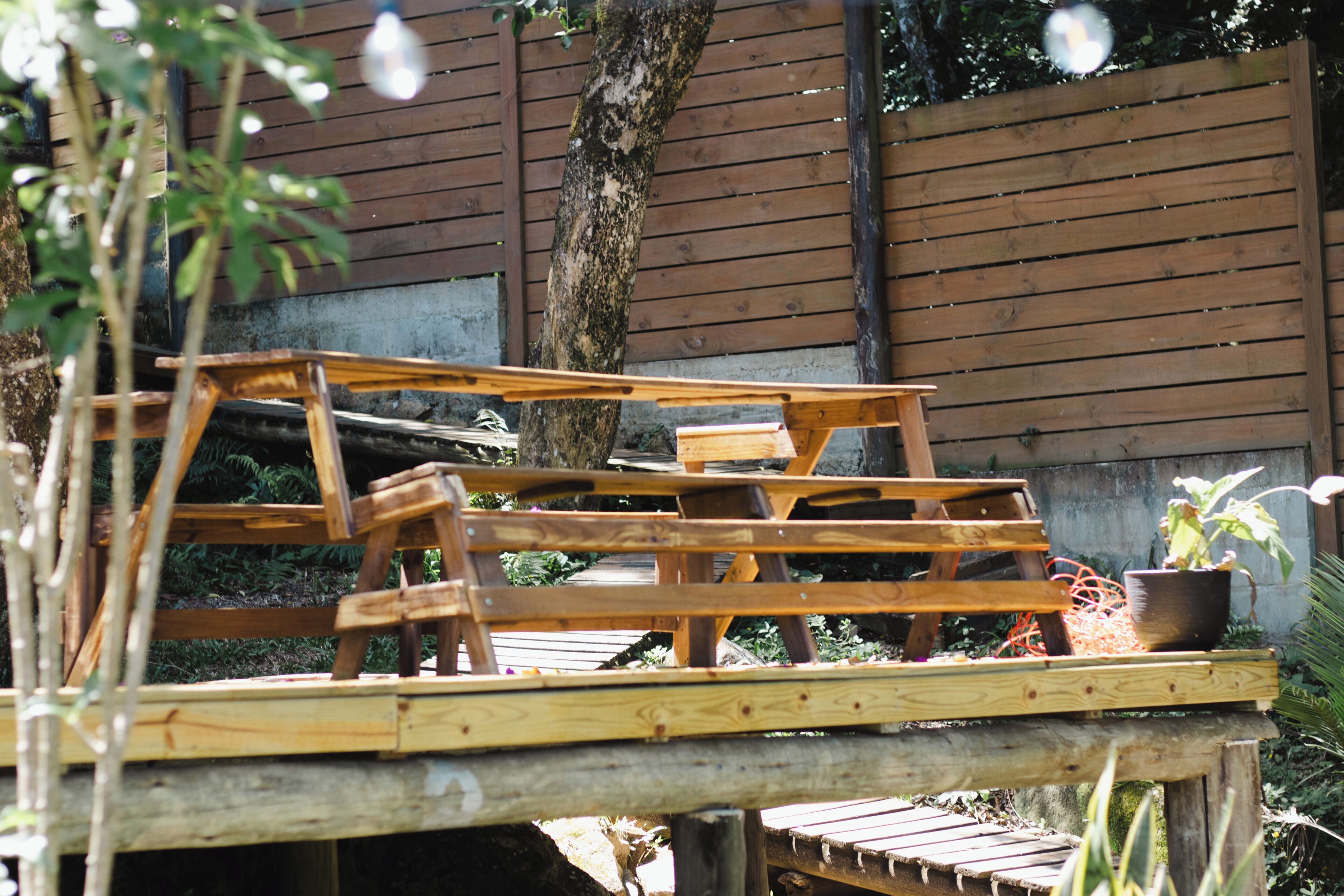 A wooden deck with a bench, a potted plant, and a tree in the background.