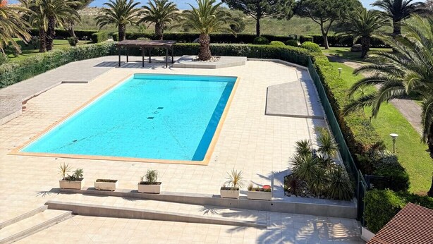 Una piscina rectangular con superficie de agua azul cristalina, rodeada por una terraza pavimentada, palmeras y vistas al mar.