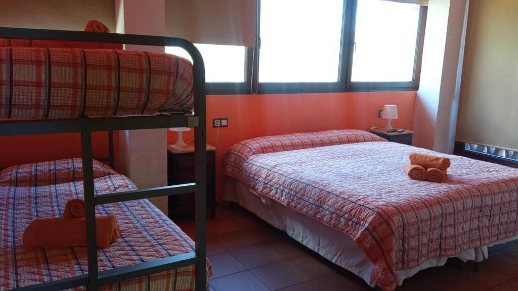 Una habitación con literas, una cama individual y una mesita de noche con lámpara.