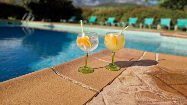 Two glasses of a beverage with a slice of orange on a poolside with a clear view of the pool and lounge chairs in the background. - Hotel Pasteral (La Cellera de Ter)