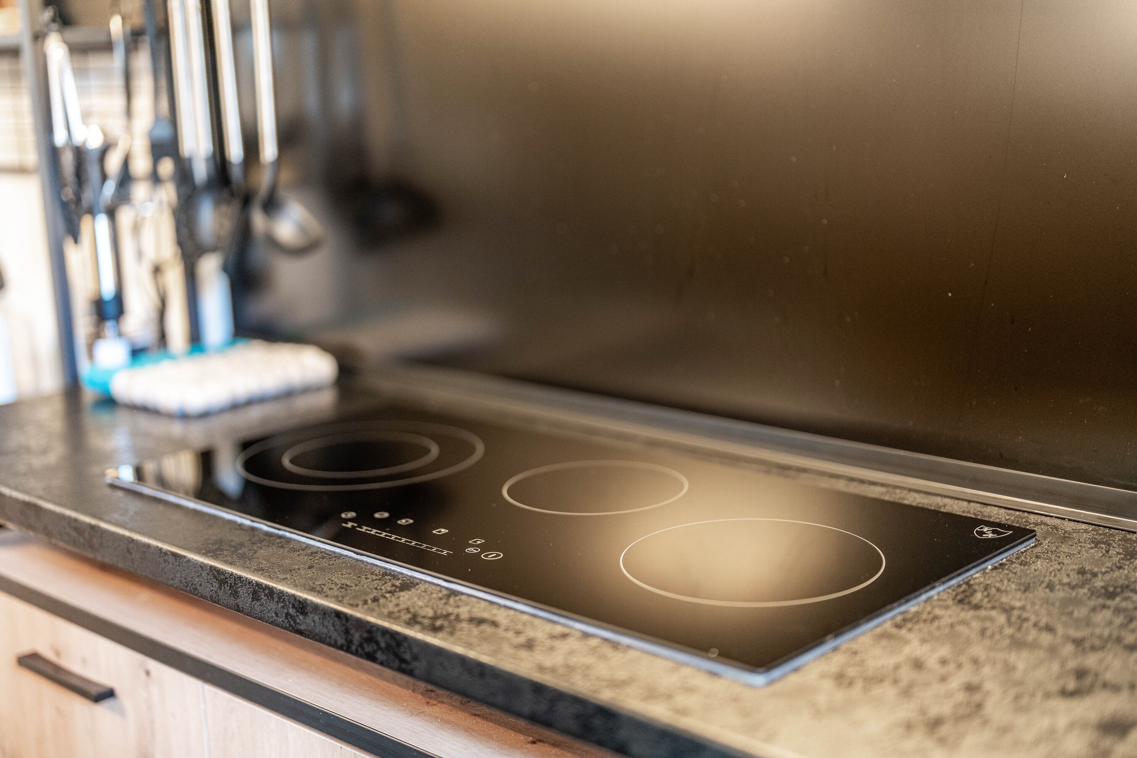 A kitchen with a built-in induction cooktop and a stainless steel range hood.