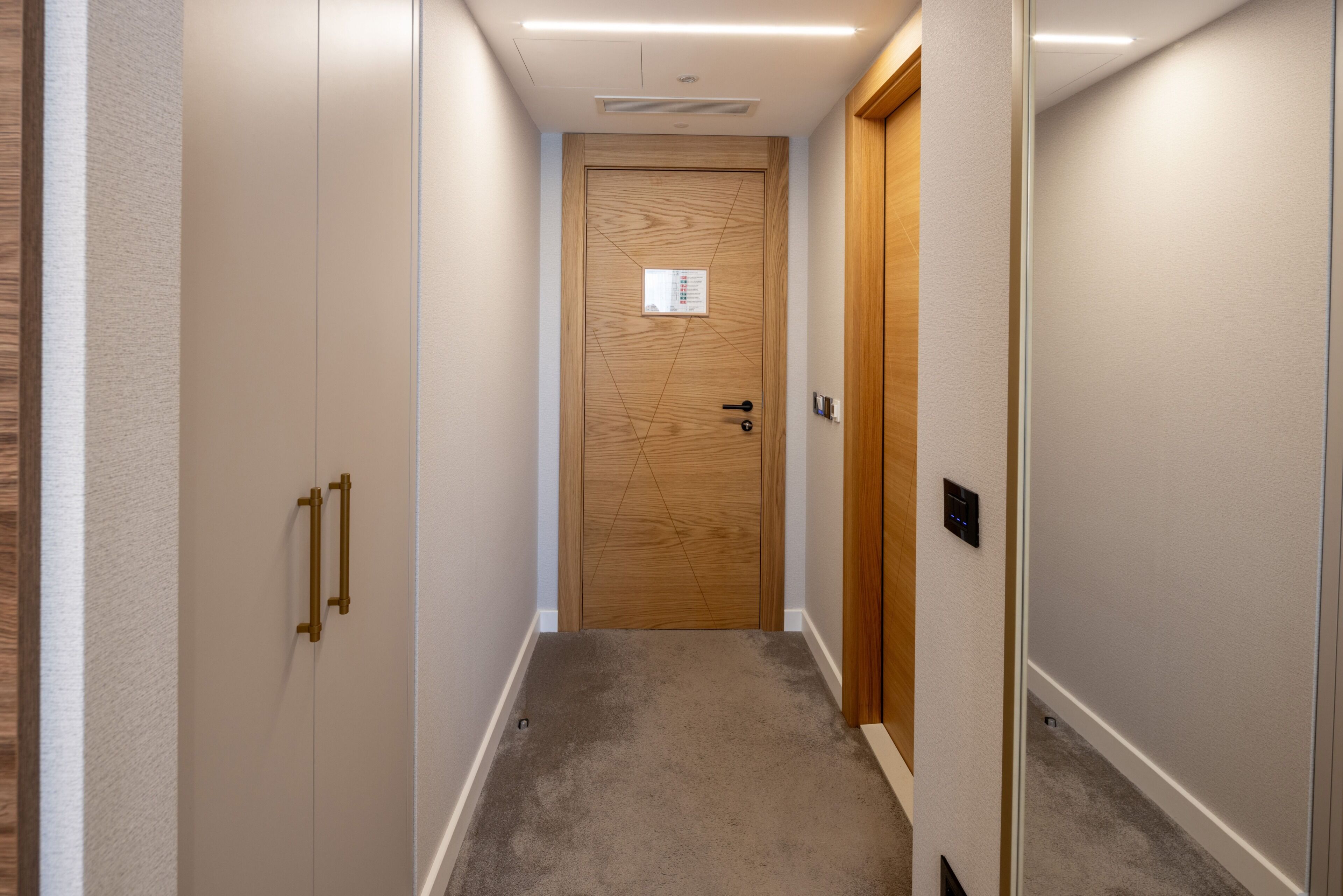 Un couloir étroit avec une porte en bois, un interrupteur et un thermostat fixés au mur.
