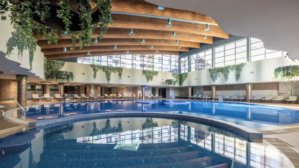 An indoor swimming pool with lounge areas, wooden ceiling beams, and hanging plants.