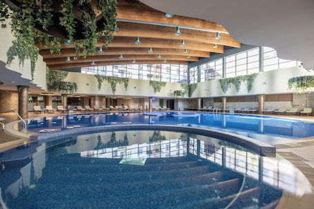 An indoor swimming pool with lounge areas, wooden ceiling beams, and hanging plants.