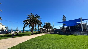 A sunny outdoor area with a pathway, palm trees, and a playground with a climbing structure.