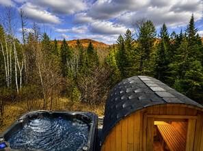 Un bain à remous et un chalet en bois situés dans une zone boisée.