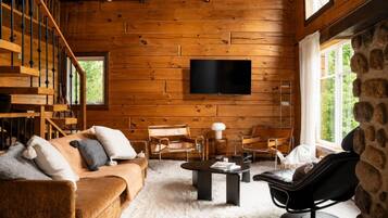 TV, lareira, mesa de pingue-pongue, livros