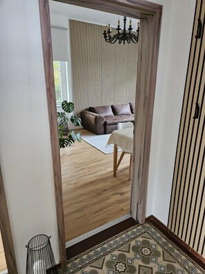 Ein Durchgang zu einem Wohnzimmer mit einer Couch, einem Teppich mit Muster und einer Deckenleuchte.