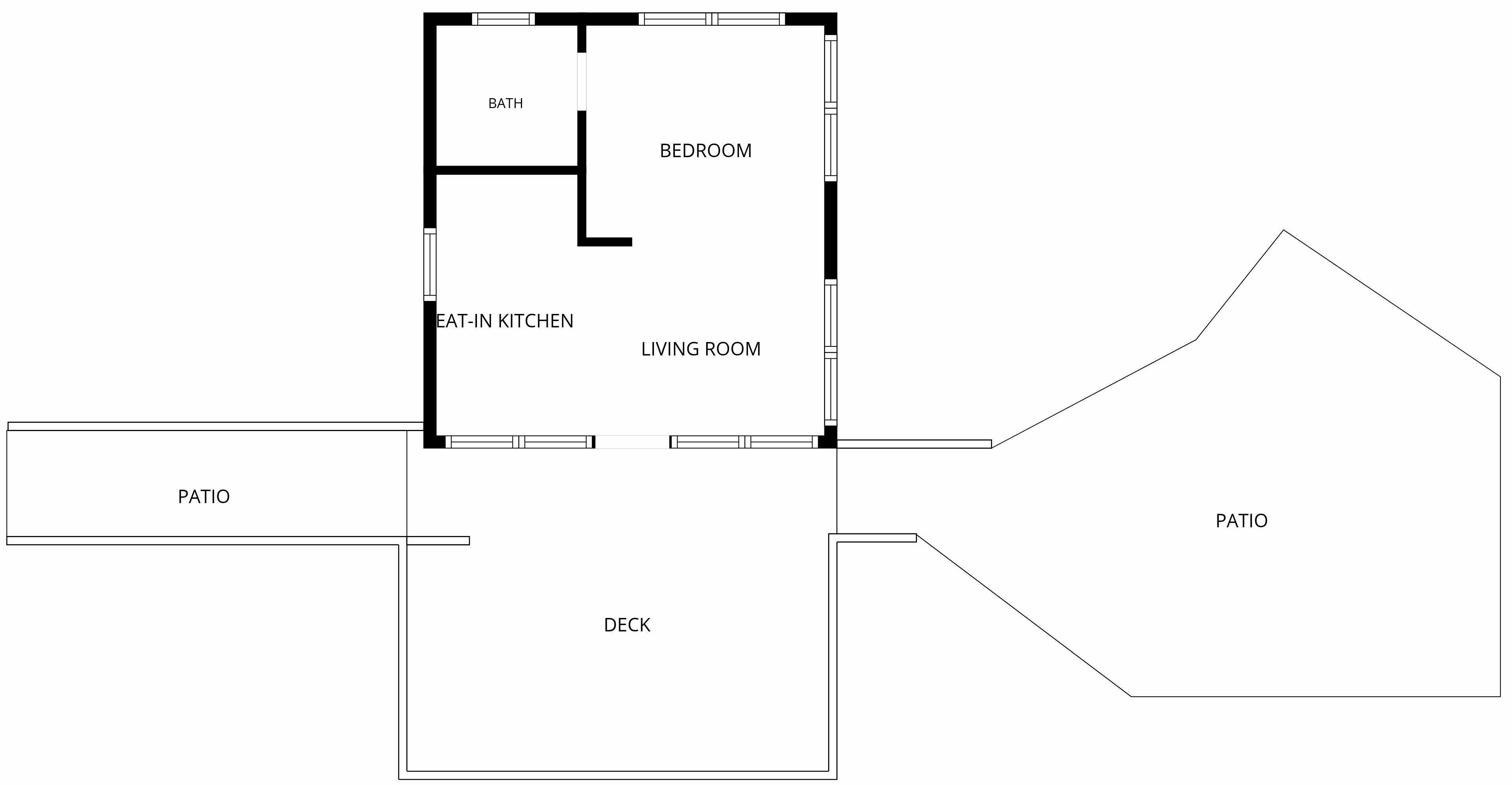 Ein Grundriss mit Wohnzimmer, Schlafzimmer, Badezimmer, Essecke, Terrasse und Balkon.