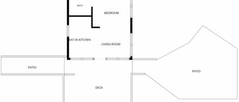 Ein Grundriss mit Wohnzimmer, Schlafzimmer, Badezimmer, Essecke, Terrasse und Balkon.