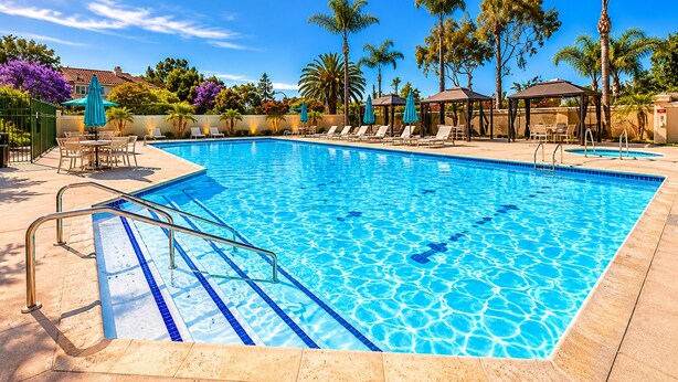 Una piscina rettangolare con acqua cristallina, circondata da lettini e ombrelloni, con palme e un gazebo sullo sfondo.