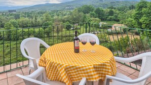 A balcony with a checkered tablecloth, a bottle of wine, and two glasses on a terrace overlooking a lush landscape. - The Tinello - Virgoletta (Virgoletta)