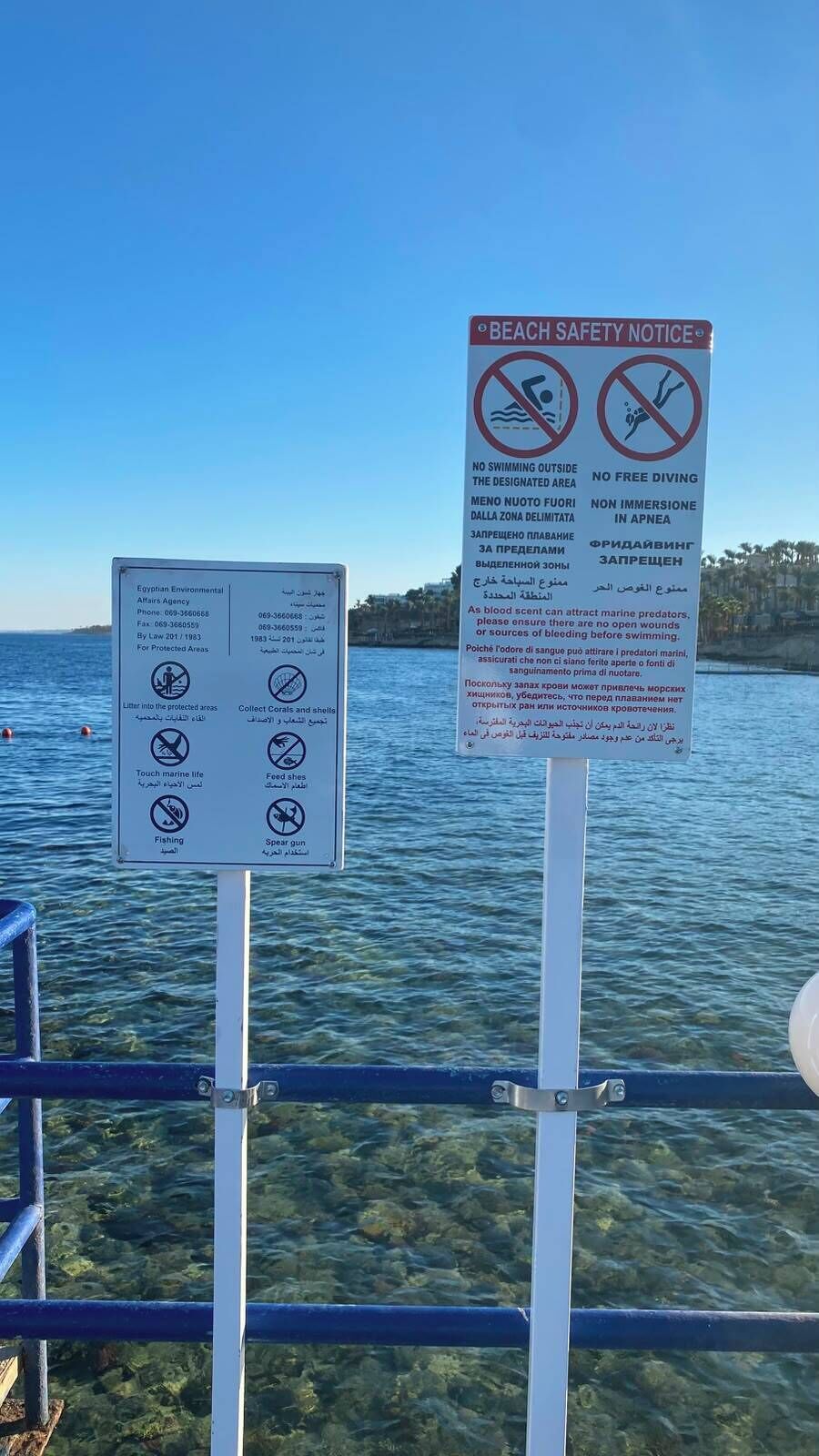 Cartel de seguridad en la playa con advertencias en varios idiomas y un cartel más pequeño de la Agencia Egipcia de Asuntos Ambientales.