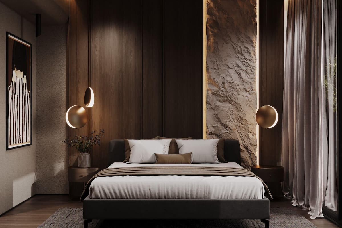 A modern bedroom with a bed, two wall-mounted lights, a wooden accent wall, and a large window with curtains.