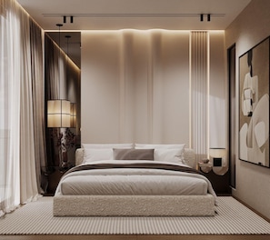 A modern bedroom with a large bed, bedside tables, a floor lamp, and a wall-mounted light fixture. - Latyrian Hotel (Durrës)