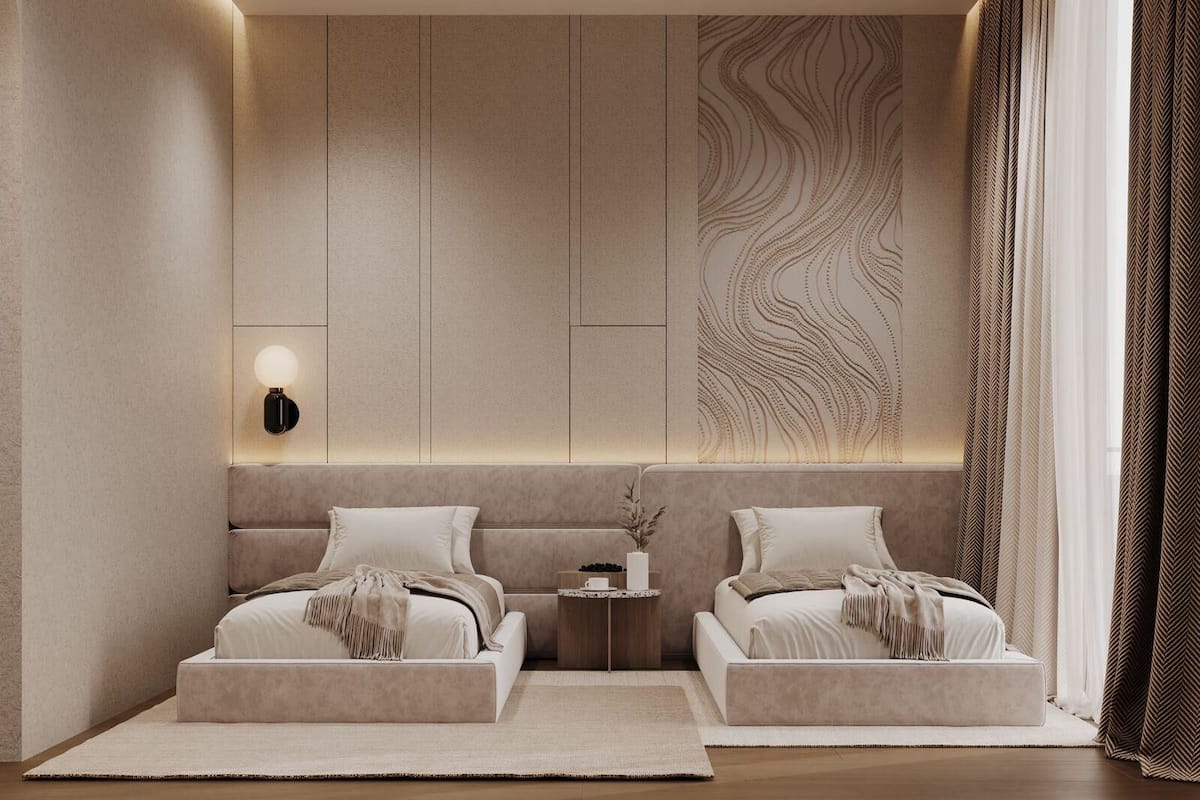 A modern bedroom with two beds, a nightstand, and a decorative wall panel.