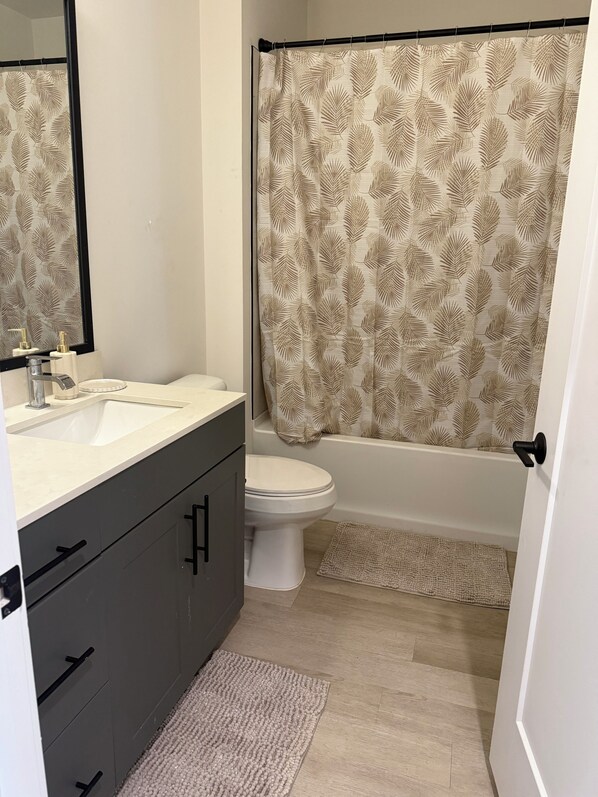 Hair dryer, towels, soap, toilet paper