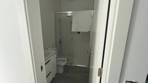 Un bany petit amb dutxa, vàter i rentapins.