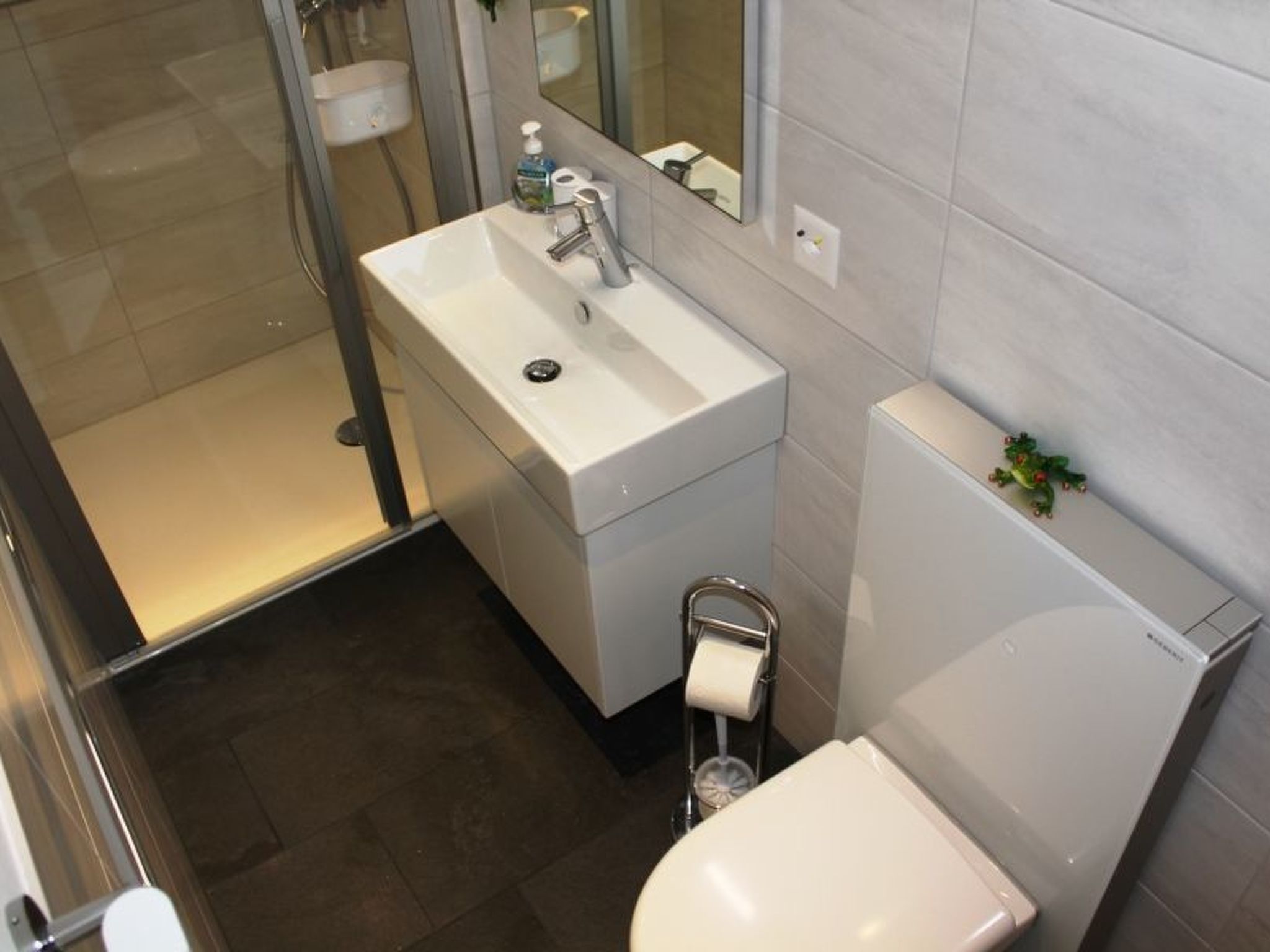 Ein modernes Badezimmer mit einem weißen Waschbecken, einem Spiegel und einer Toilette.