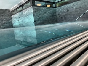 A modern interior with a reflective glass pool, concrete walls, and a metal railing.