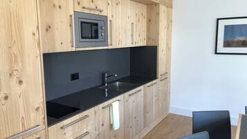 Fridge, microwave, cookware/dishes/utensils