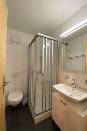 A bathroom with a glass-enclosed shower, a white toilet, and a sink with a mirror above it. - Dentervitgs, (Sedrun), by Interhome (Sedrun)