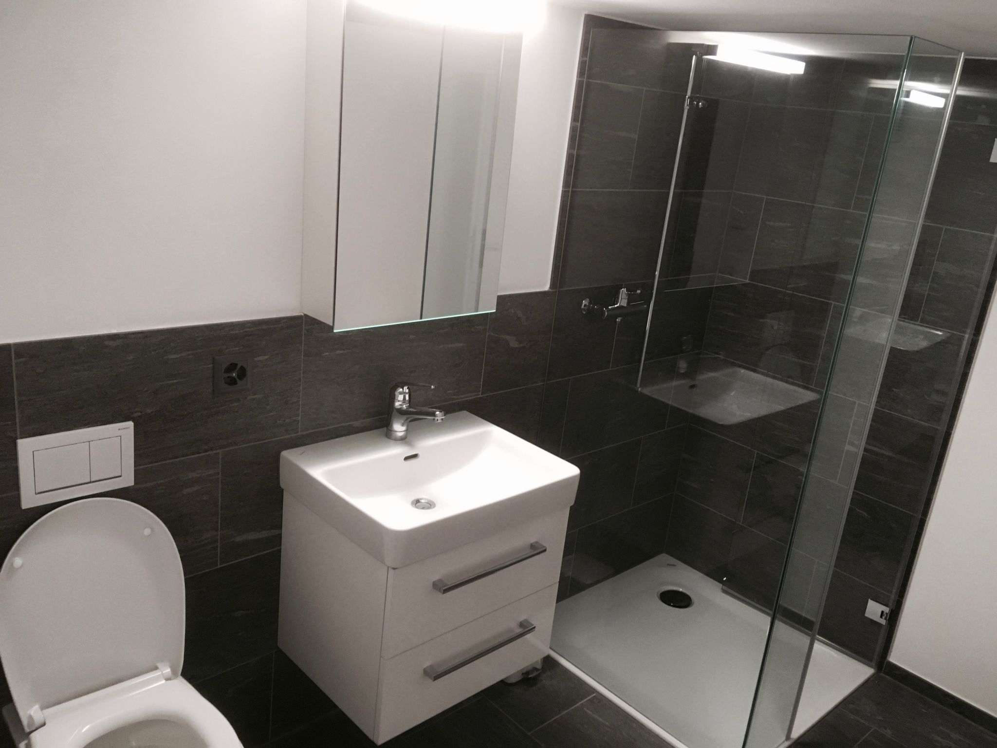 Une salle de bain comprenant des toilettes, un lavabo, un miroir et une douche fermée par une paroi de verre.