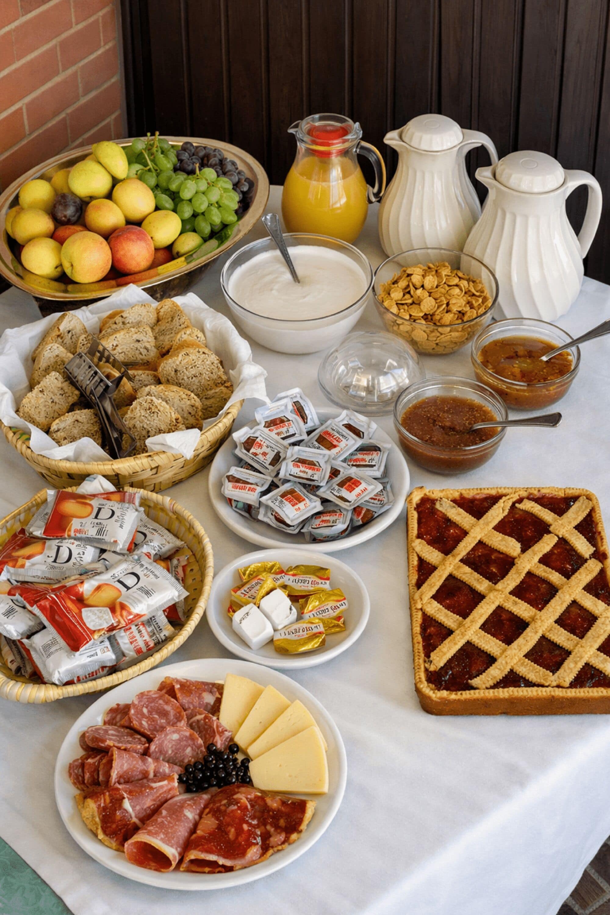 Uma mesa com diversos alimentos, incluindo frutas, doces e acompanhamentos.