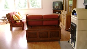 Olohuone, jossa on punainen sohva, televisio, kaappi ja takka.