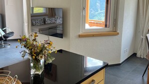 A room with a large window, a sofa with patterned cushions, a black countertop, and a vase with flowers. - Casa Diala Panorama, (Segnas/Disentis), 1106 by Interhome (Disentis)