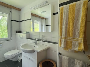 Ein modernes Badezimmer mit Toilette, Waschbecken, Spiegel und Handtuchhalter.