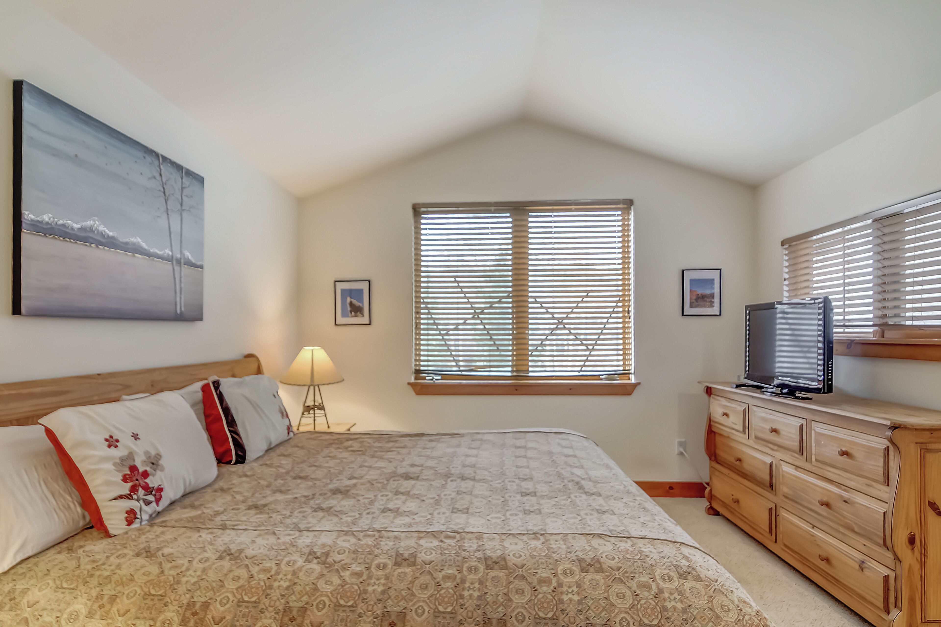 A bedroom with a bed, a dresser, a TV, and two windows with blinds.