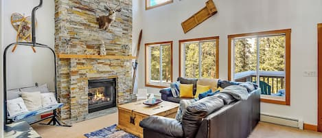Smart TV, fireplace, table football, books