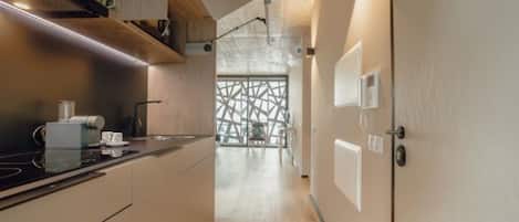 Fridge, microwave, cookware/dishes/utensils