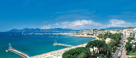 A coastal cityscape with a beach, a pier, and a road lined with palm trees.