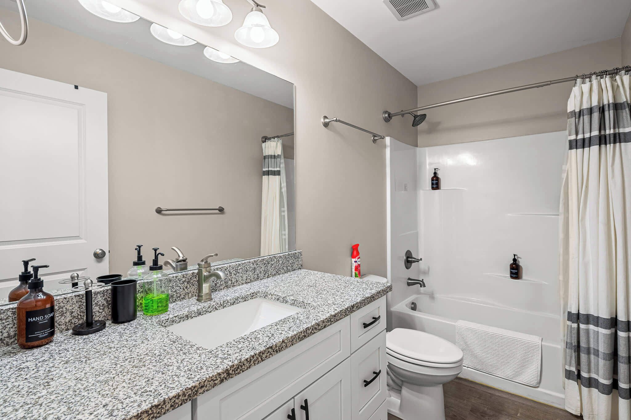 A modern bathroom with a granite countertop, a white sink, a mirror, a shower with a curtain, and a toilet.