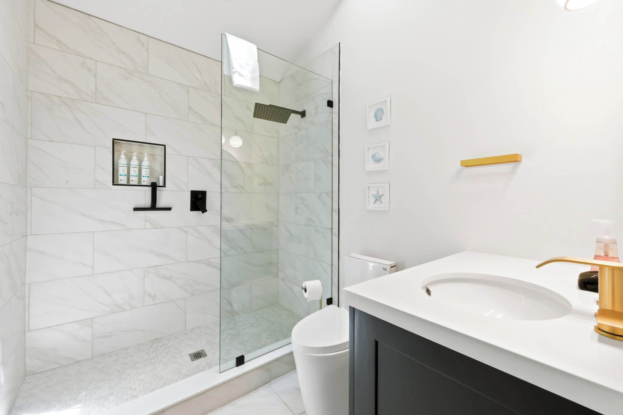 A modern bathroom with a glass shower enclosure, a white sink, and a toilet.