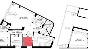 Ein Grundriss eines Hauses mit Esszimmer, Wohnzimmer, Küche, Waschküche, Bad und mehreren Schlafzimmern.