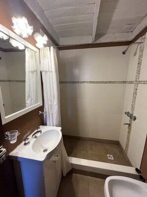 A bathroom with a sink, mirror, shower, and tiled walls.