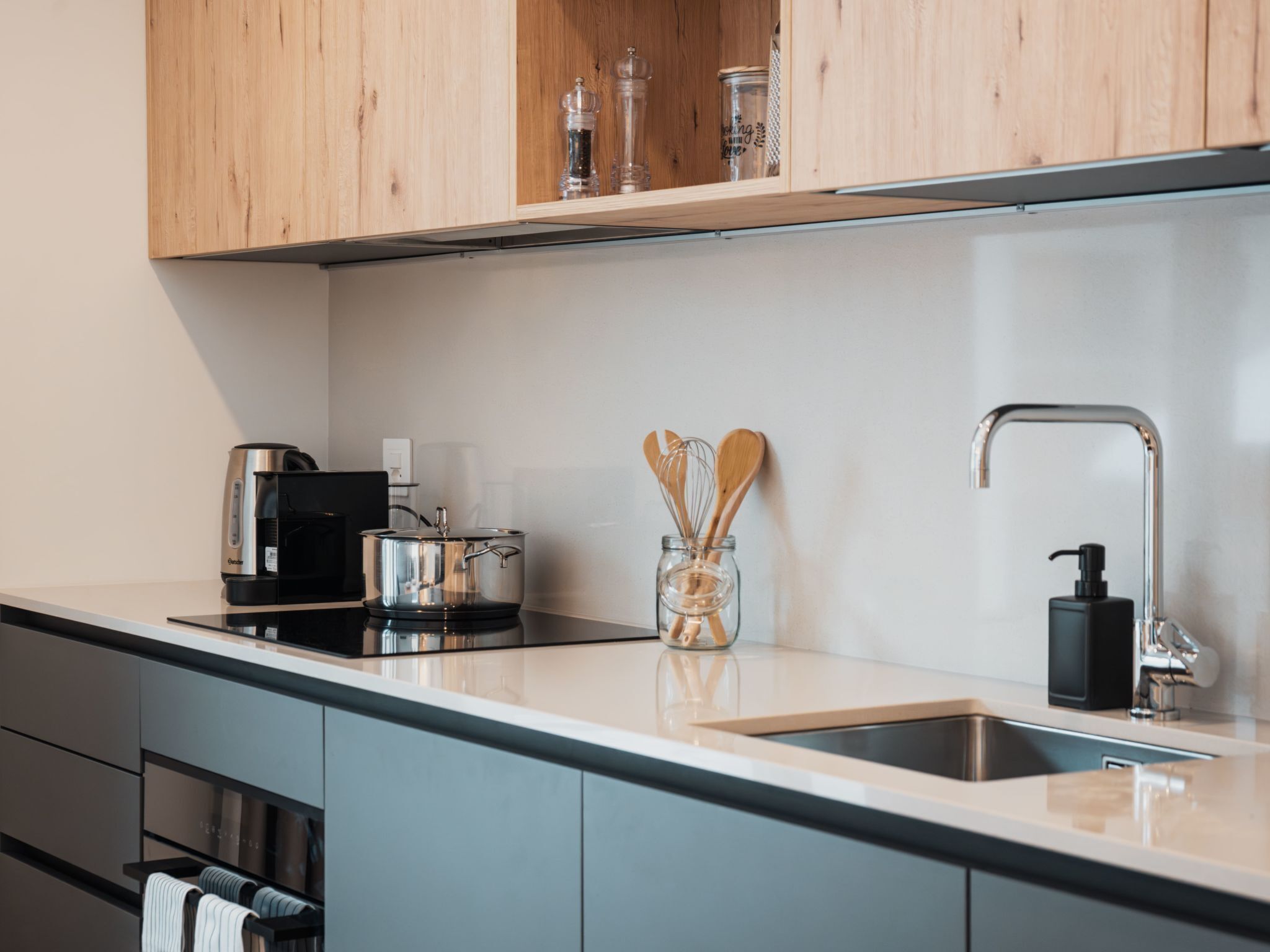 Fridge, oven, dishwasher, cookware/dishes/utensils