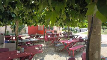 An outdoor seating area with tables and chairs under trees, surrounded by a gravel ground.