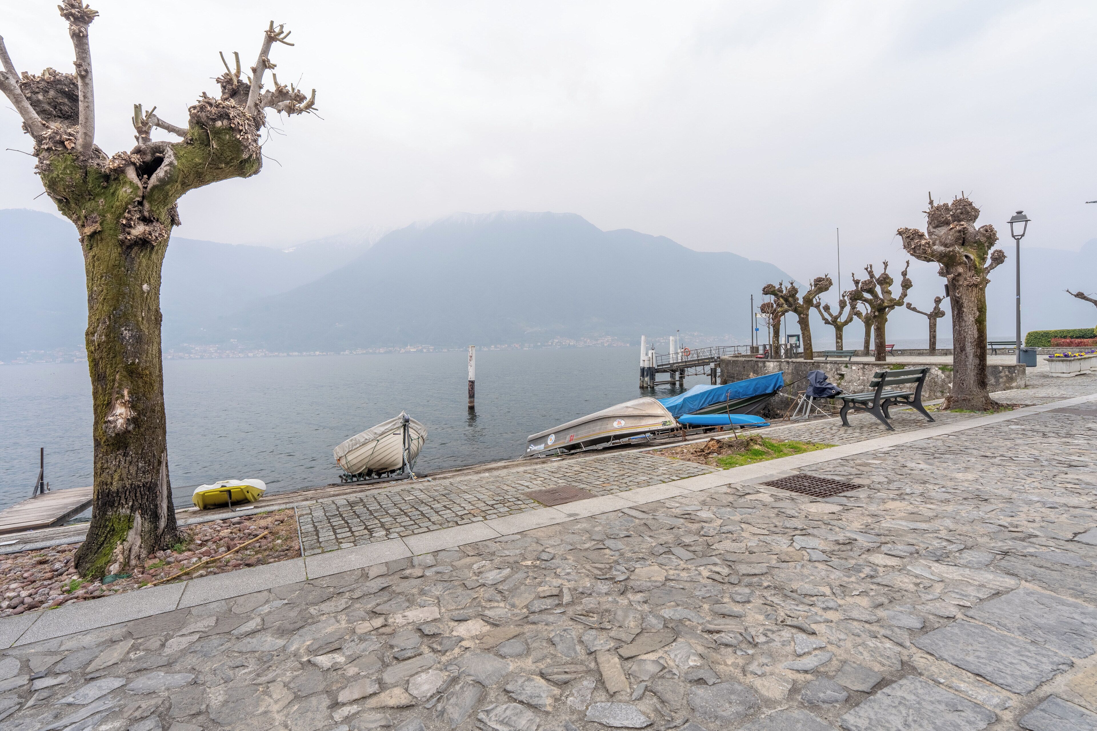 A stone-paved waterfront walkway with boats, benches, and trees.