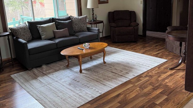 A living room with a sofa, a coffee table, a chair, a lamp, and a painting on the wall. - Hayward Riverside Rental (Hayward)